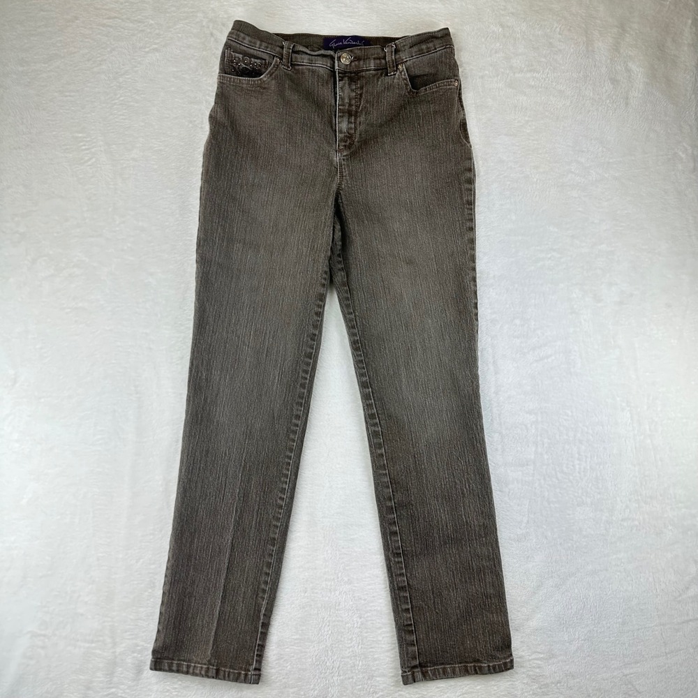 Gloria Vanderbilt Jeans Womens Amanda Straight 6 Brown Beaded Denim Cotton Pants